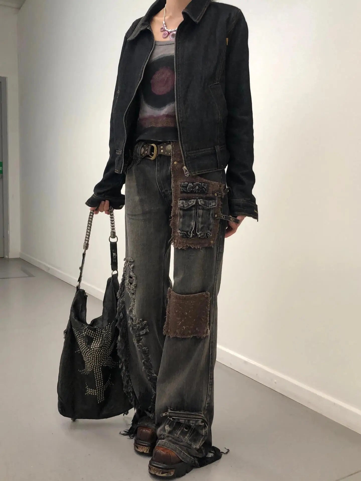 Grunge Patchwork Flare Jeans