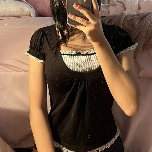 Square Collar Short Sleeve Crop Top