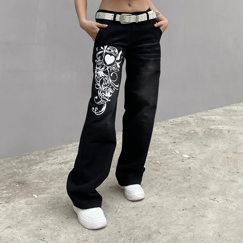 Wide leg jeans with heart print