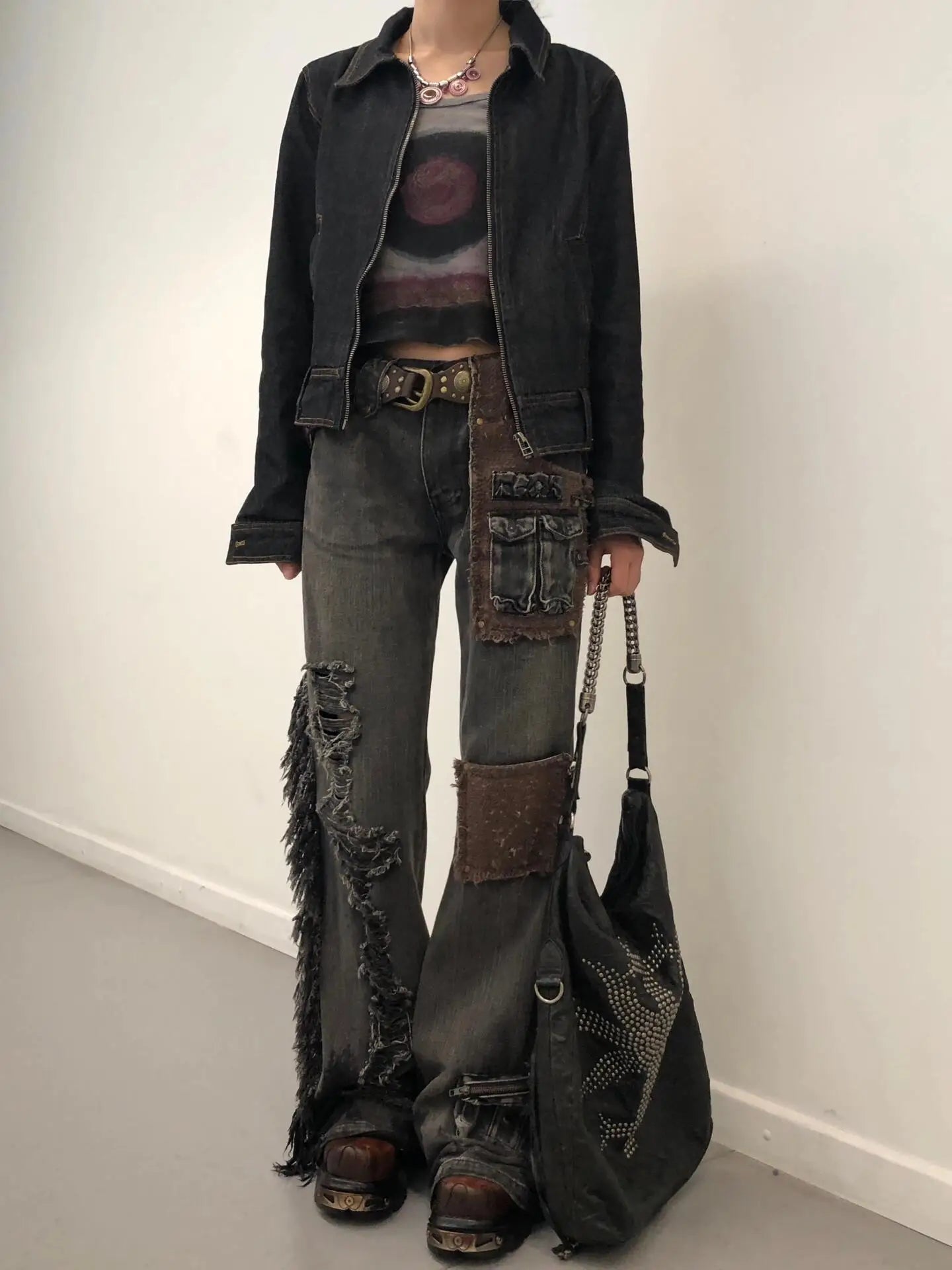 Grunge Patchwork Flare Jeans