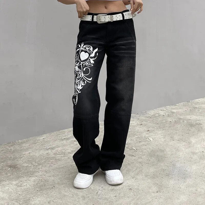 Wide leg jeans with heart print