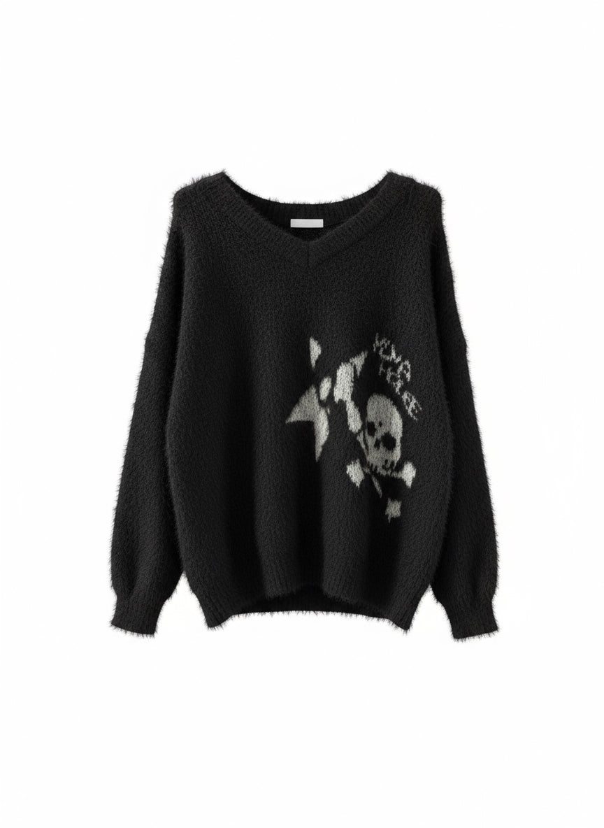Strickpullover mit Totenkopf- und Sternmotiv