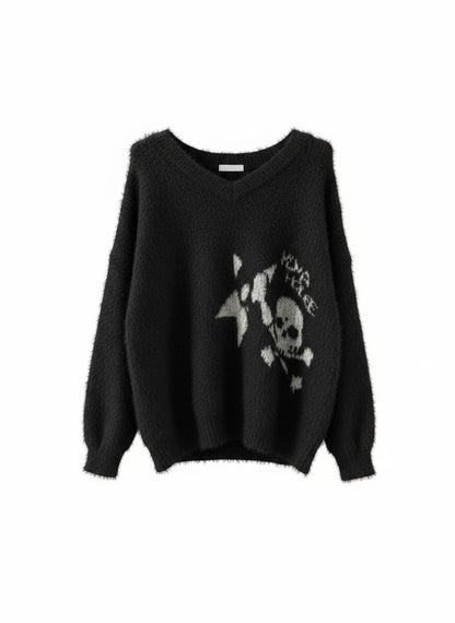 Strickpullover mit Totenkopf- und Sternmotiv
