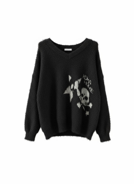Strickpullover mit Totenkopf- und Sternmotiv