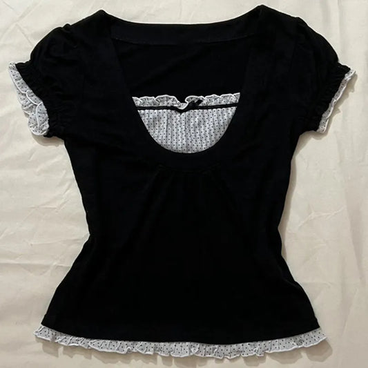 Square Collar Short Sleeve Crop Top